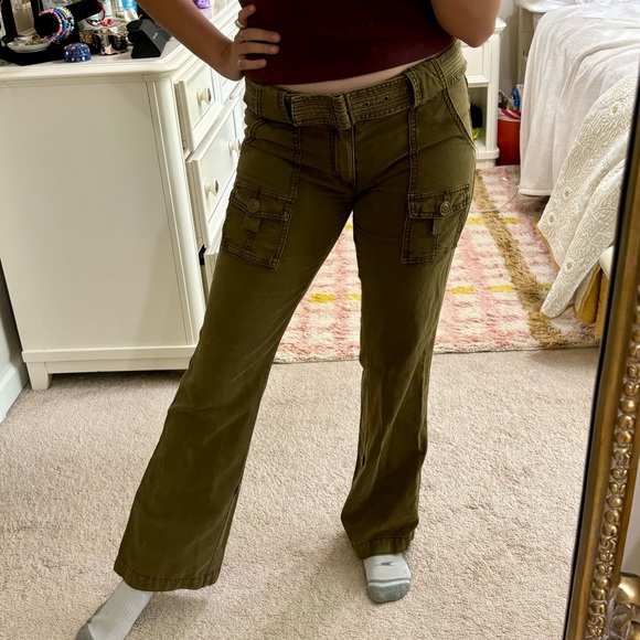 Vintage Y2K Cargo Pants 8 American Eagle Outfitters Low Rise Army Green Belt - Picture 1 of 9